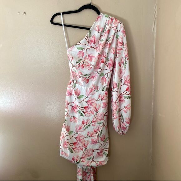 Bronx and Banco Layla mini dress pink floral print sash drape white Revolve L - Picture 13 of 13